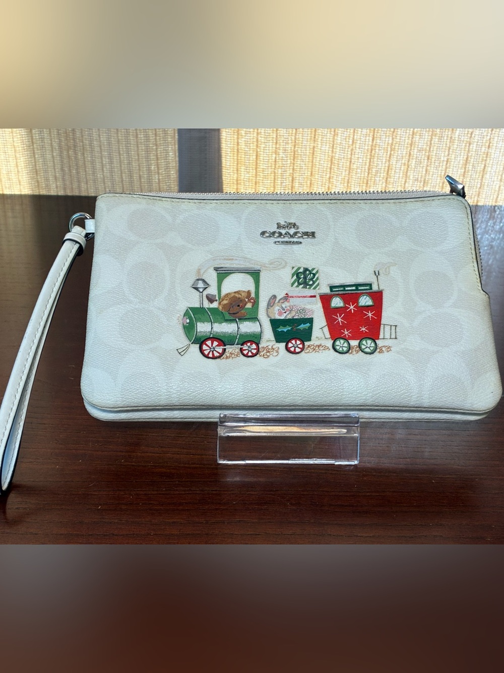 Coach White Signature Canvas Wristlet with Green & Red Train Motif